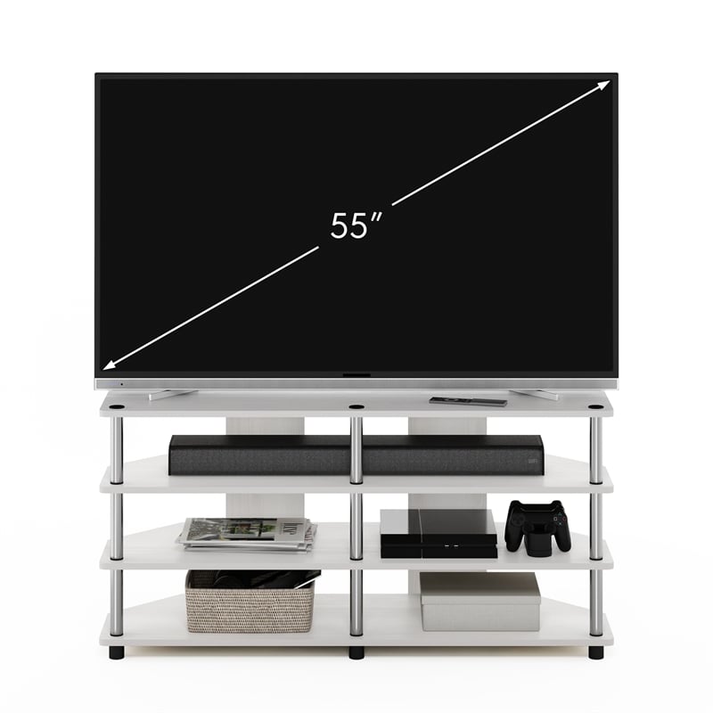 Pemberly Row Easy Assembly 4-Tier Corner TV Stand for White Oak/Stainless Steel