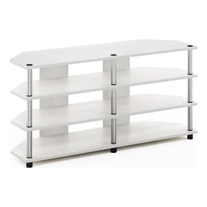 Pemberly Row Easy Assembly 4-Tier Corner TV Stand for White Oak/Stainless Steel
