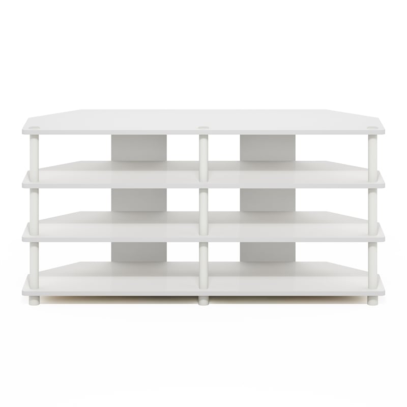 Pemberly Row Easy Assembly 4-Tier Corner TV Stand for TV up to White