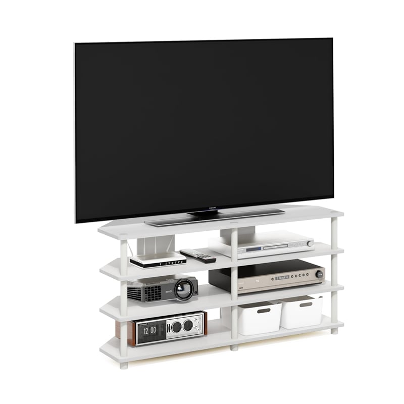 Pemberly Row Easy Assembly 4-Tier Corner TV Stand for TV up to White