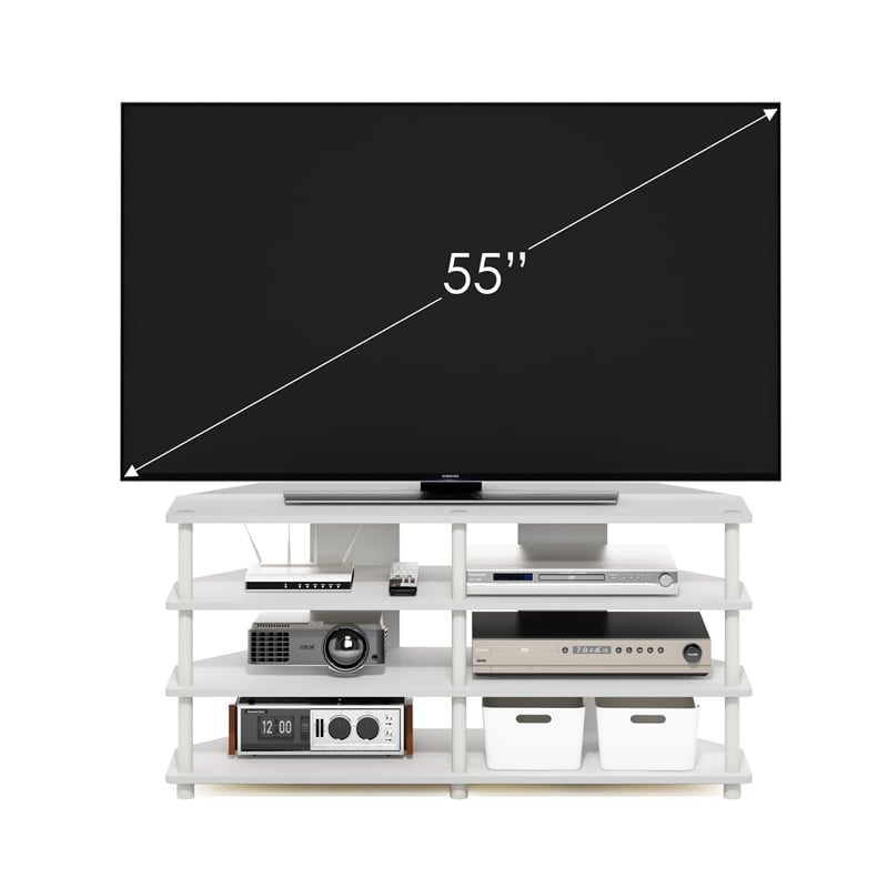 Pemberly Row Easy Assembly 4-Tier Corner TV Stand for TV up to White