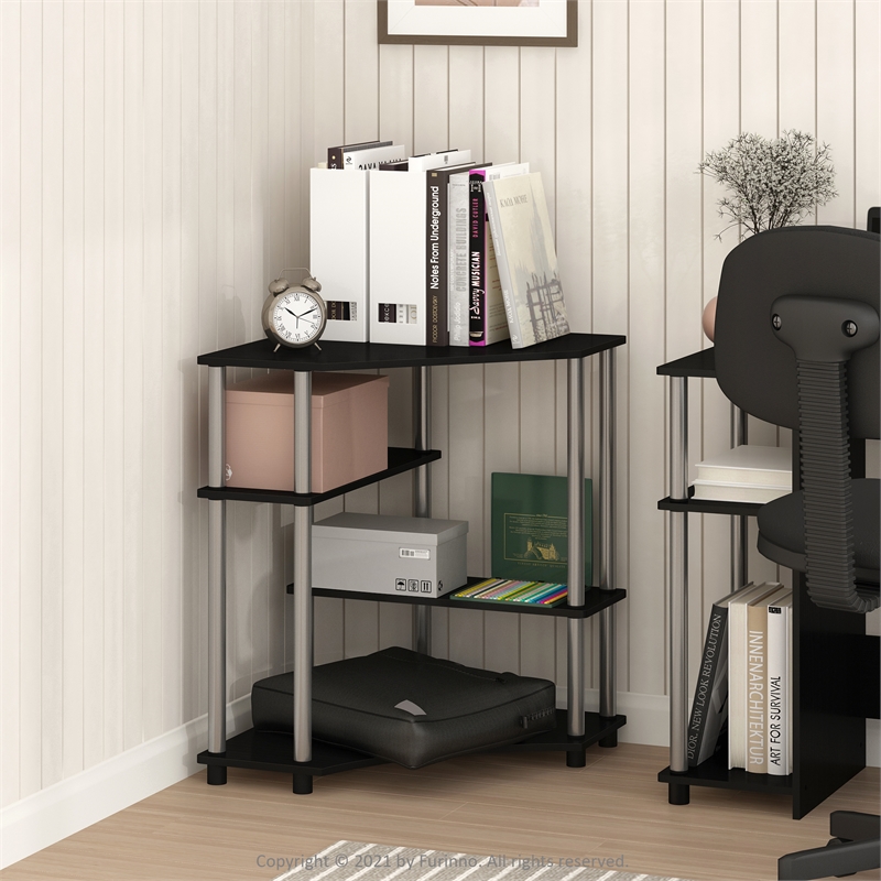 Pemberly Row Corner Desk with Shelves in Americano with Stainless Steel Tubes