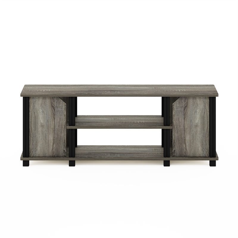 Pemberly Row TV Stand with Shelves and Storage in French Oak/Black