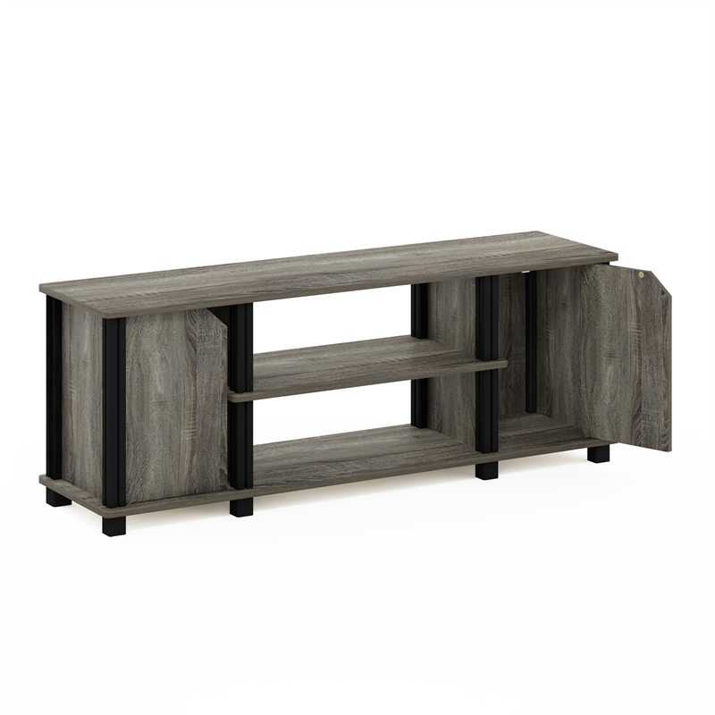Pemberly Row TV Stand with Shelves and Storage in French Oak/Black