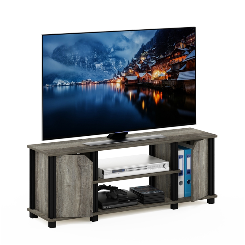Pemberly Row TV Stand with Shelves and Storage in French Oak/Black