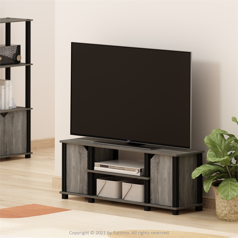 Pemberly Row TV Stand with Shelves and Storage in French Oak/Black