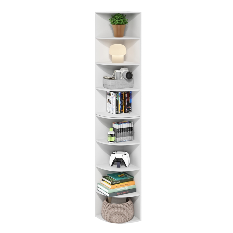 Pemberly Row 8-Tier Corner Shelf Bookcase in Bookshelf in White