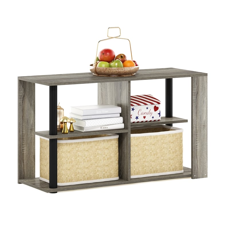Pemberly Row Narrow Coffee Table with Shelves in French Oak/Black