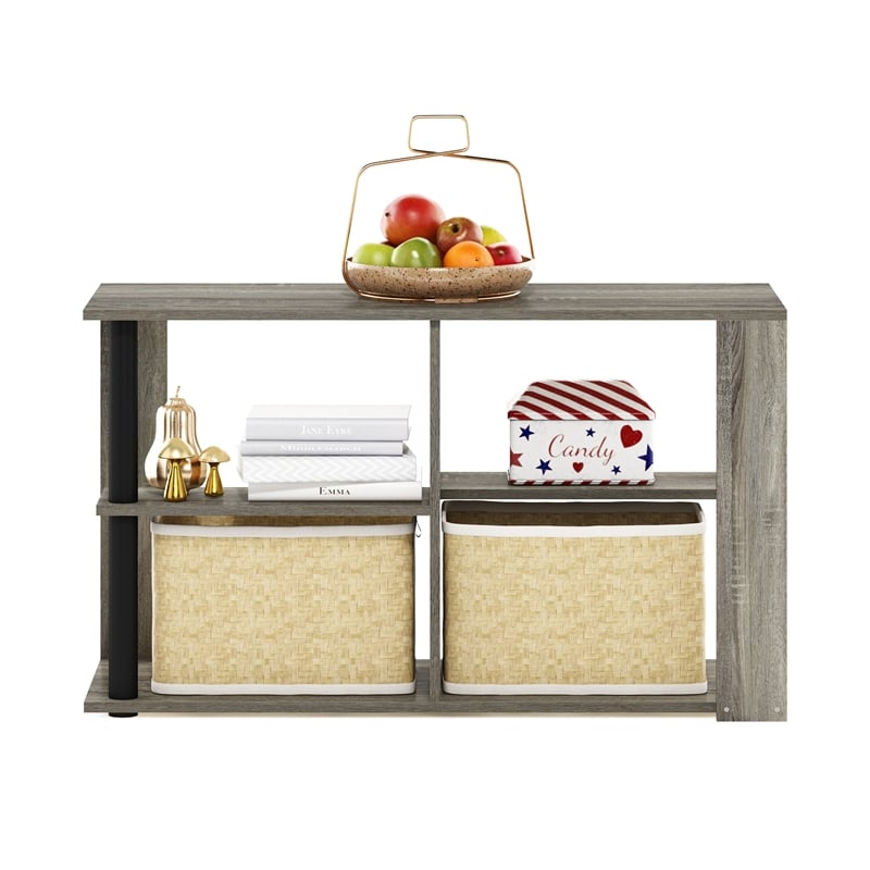 Pemberly Row Narrow Coffee Table with Shelves in French Oak/Black