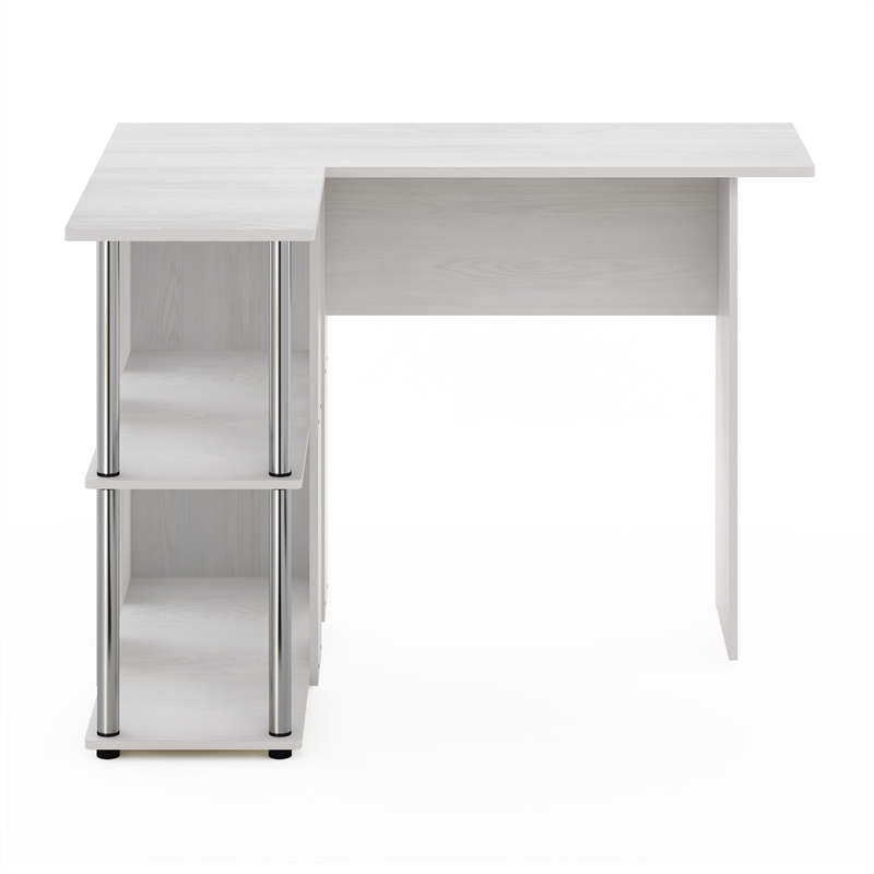 Pemberly Row L-Shape Desk with Bookshelf in White Oak in Stainless Steel Tubes