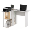 Pemberly Row L-Shape Desk with Bookshelf in White Oak in Stainless Steel Tubes