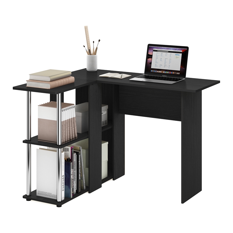 Pemberly Row Contemporary L-Shape Desk with Bookshelf in Americano