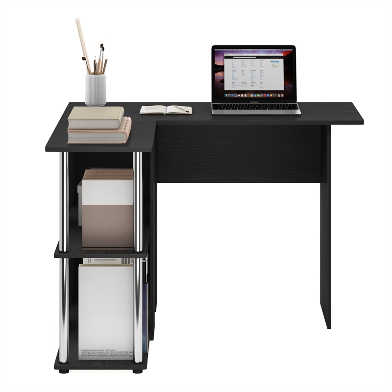 Pemberly Row Contemporary L-Shape Desk with Bookshelf in Americano