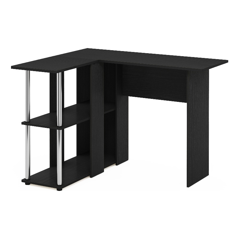 Pemberly Row Contemporary L-Shape Desk with Bookshelf in Americano