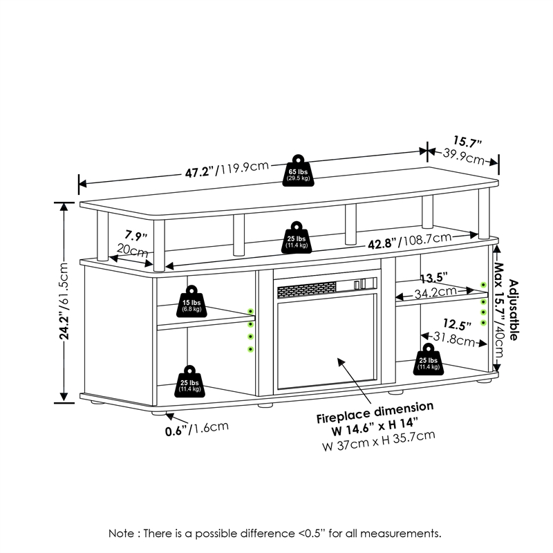 Pemberly Row Open Shelving Storage Fireplace Entertainment Solid White/Black