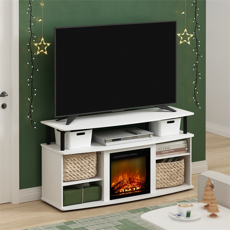 Pemberly Row Open Shelving Storage Fireplace Entertainment Solid White/Black