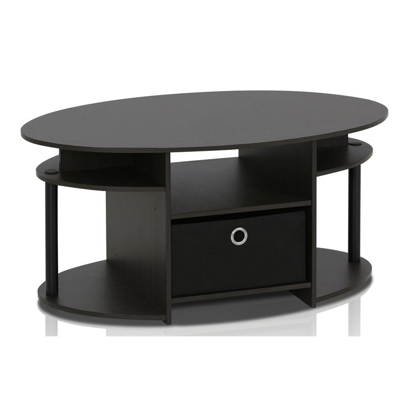 Pemberly Row Wood Simple Design Oval Coffee Table with Bin in Walnut/Black