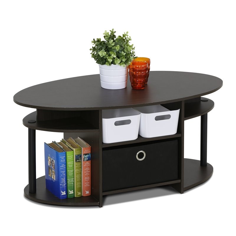 Pemberly Row Wood Simple Design Oval Coffee Table with Bin in Walnut/Black