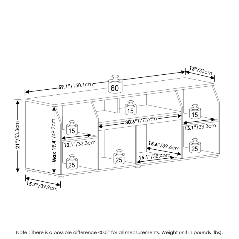 Pemberly Row Large Media Console Table with LED For TV up to 65-Inch Americano
