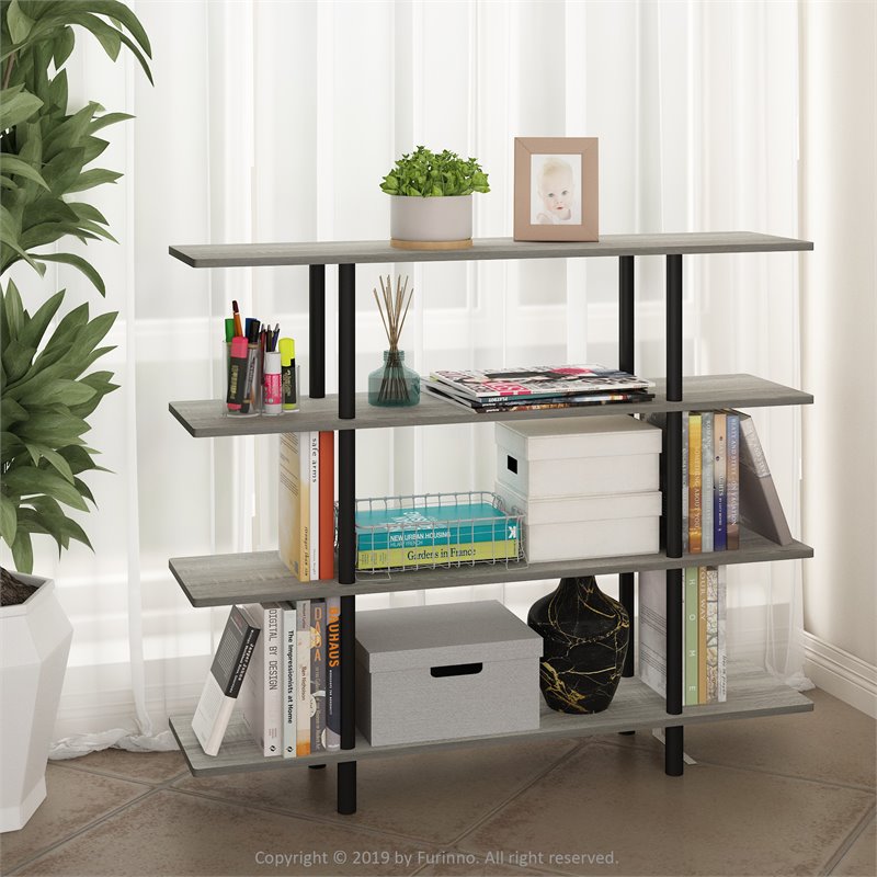 Pemberly Row Turn-N-Tube Wood 4-Tier Wide Display Shelf in French Oak Gray