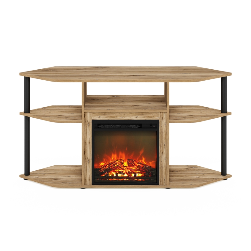 Pemberly Row Open Storage Corner Fireplace TV Flagstaff Oak/Black