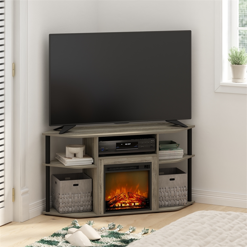 Pemberly Row Open Storage Corner Fireplace TV French Oak Gray/Black