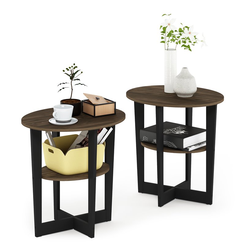 Pemberly Row Engineered Wood Oval End Table in Columbia Walnut/Black (Set of 2)
