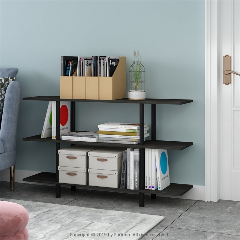 Pemberly Row Turn-N-Tube Wood 3-Tier Wide Display Shelf in Espresso/Black