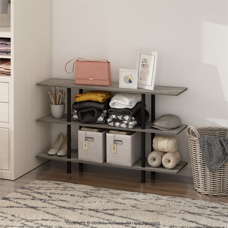 Pemberly Row Turn-N-Tube Wood 3-Tier Wide Display Shelf in French Oak Gray