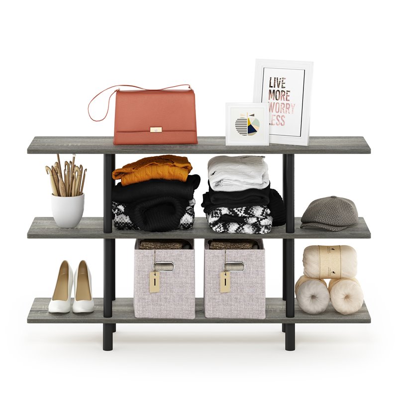 Pemberly Row Turn-N-Tube Wood 3-Tier Wide Display Shelf in French Oak Gray