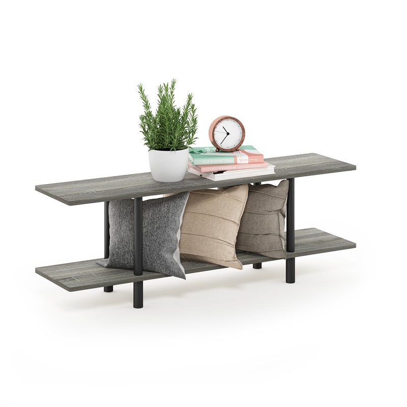 Pemberly Row Turn-N-Tube Wood 2-Tier Wide Shelf in French Oak Gray/Black