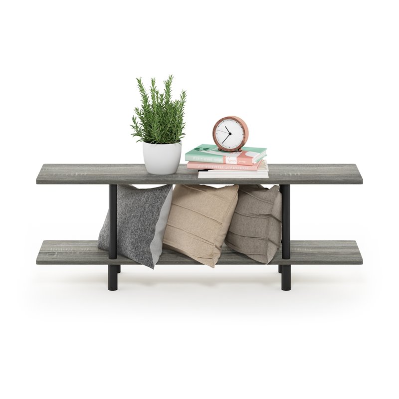 Pemberly Row Turn-N-Tube Wood 2-Tier Wide Shelf in French Oak Gray/Black