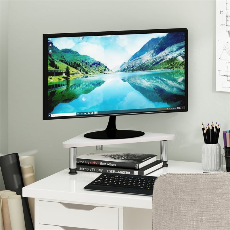 Pemberly Row Corner Monitor Riser Stand with Stainless Steel Tubes in White