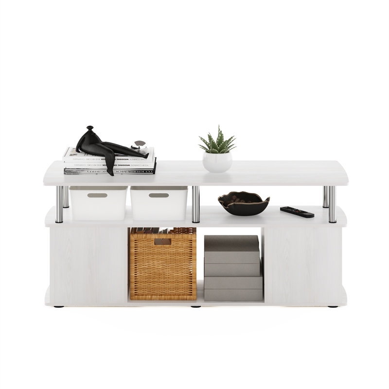 Pemberly Row TV Stand Entertainment Center with Open Stainless Steel Tubes