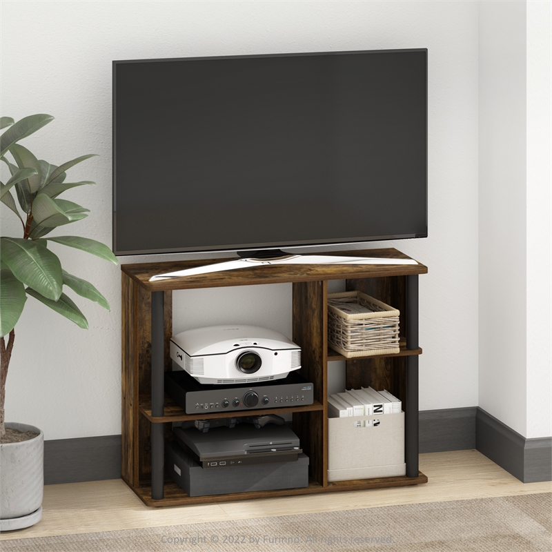Pemberly Row TV Stand with Plastic Poles for TV up to Amber Pine/Black