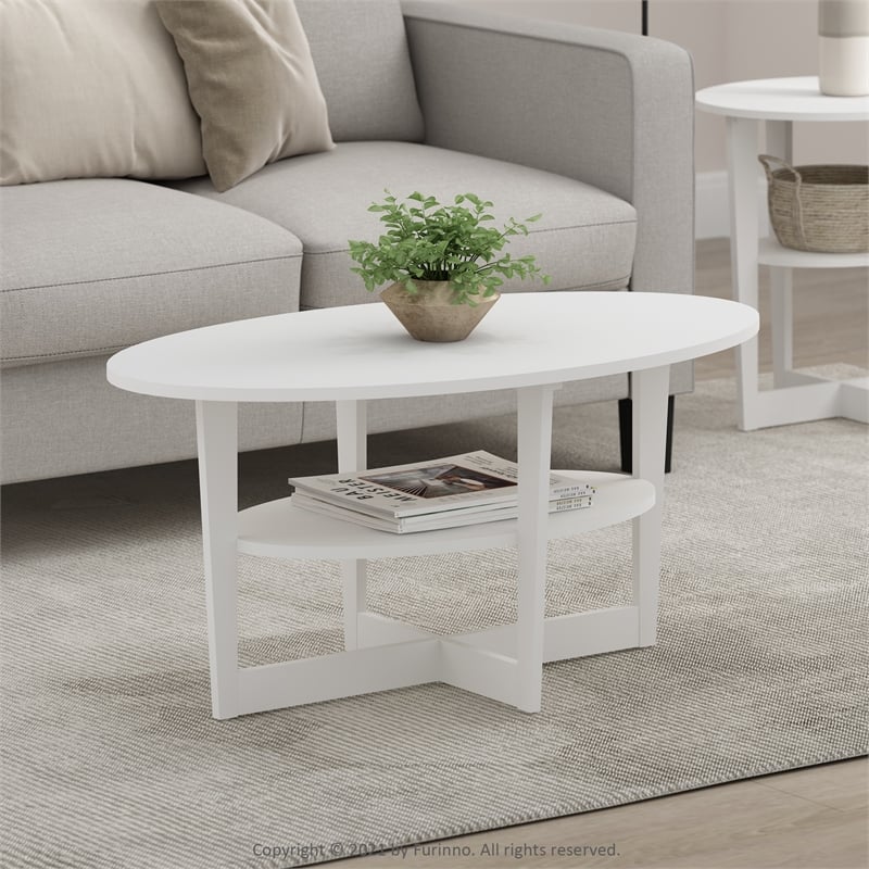 Pemberly Row Contemporary Wood Oval Coffee Table in White Finish