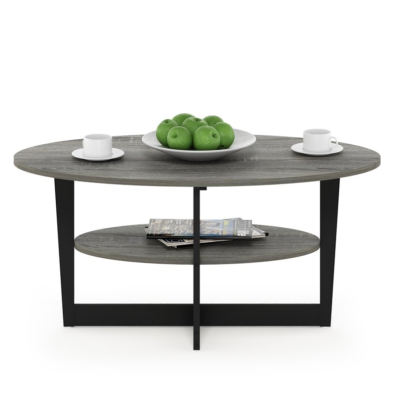 Pemberly Row Engineered Wood Oval Coffee Table in French Oak Gray/Black