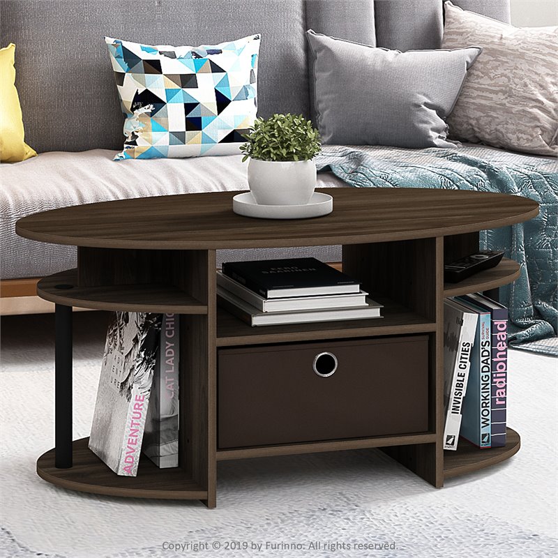 Pemberly Row Engineered Wood Oval Coffee Table with Bin in Columbia Walnut