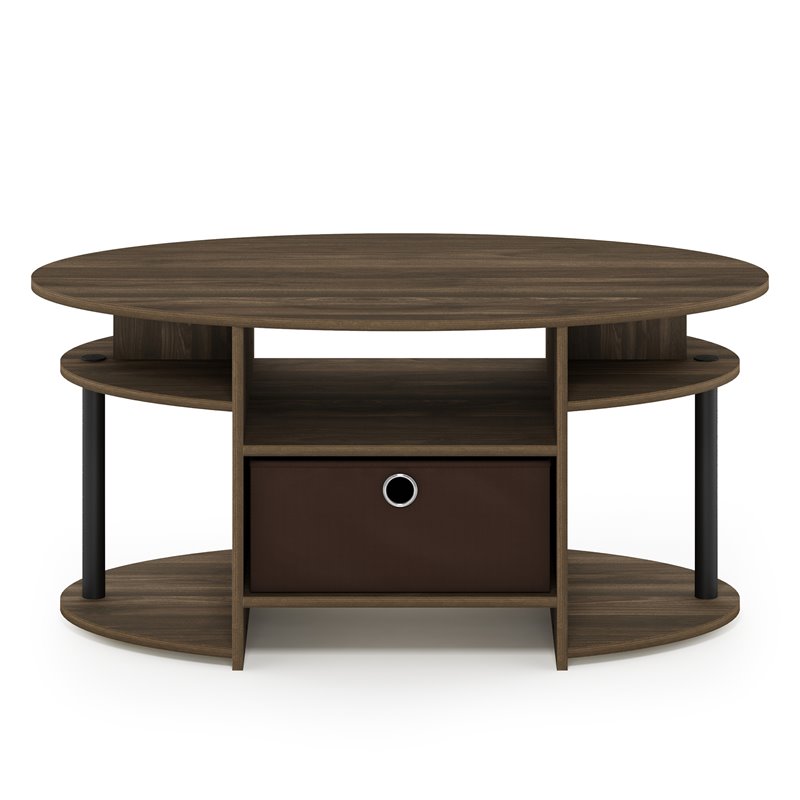 Pemberly Row Engineered Wood Oval Coffee Table with Bin in Columbia Walnut