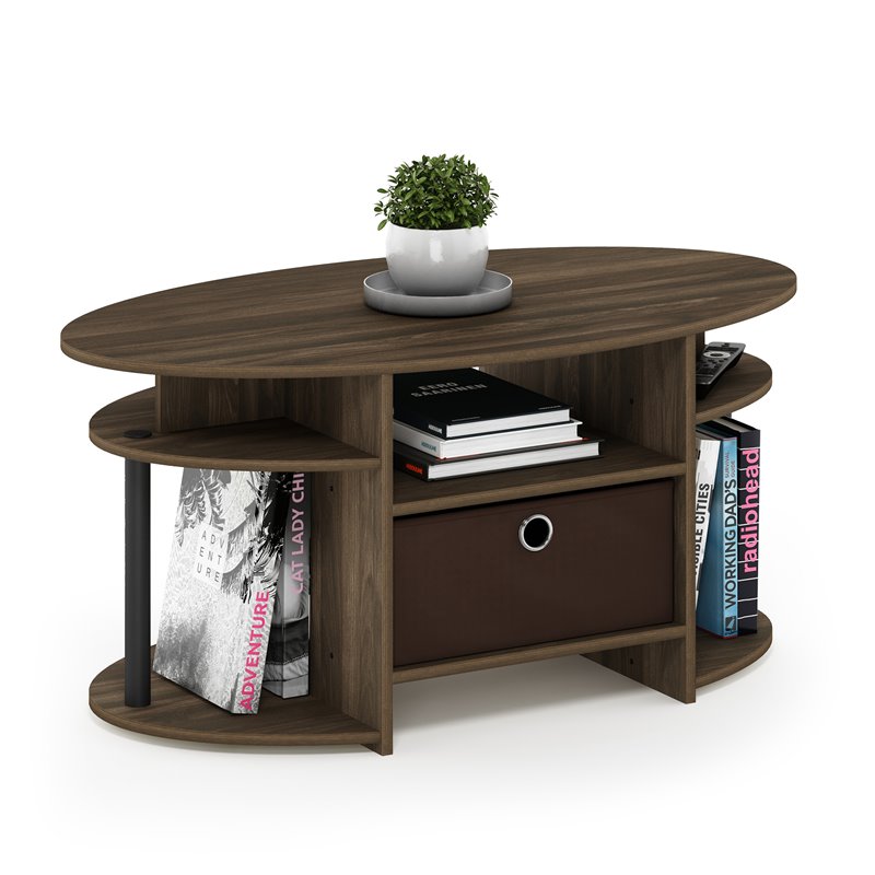 Pemberly Row Engineered Wood Oval Coffee Table with Bin in Columbia Walnut