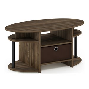 Pemberly Row Engineered Wood Oval Coffee Table with Bin in Columbia Walnut