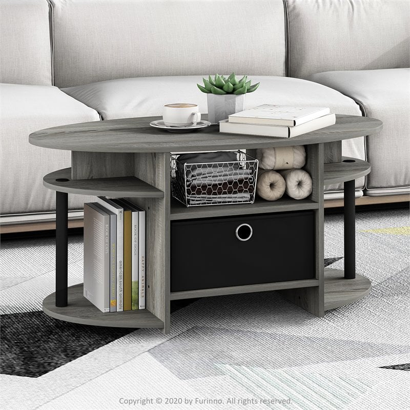 Pemberly Row Engineered Wood Oval Coffee Table with Bin in French Oak Gray/Black