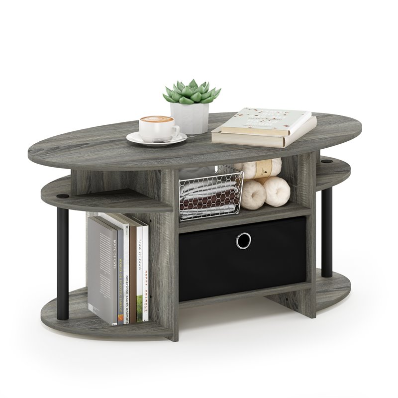 Pemberly Row Engineered Wood Oval Coffee Table with Bin in French Oak Gray/Black