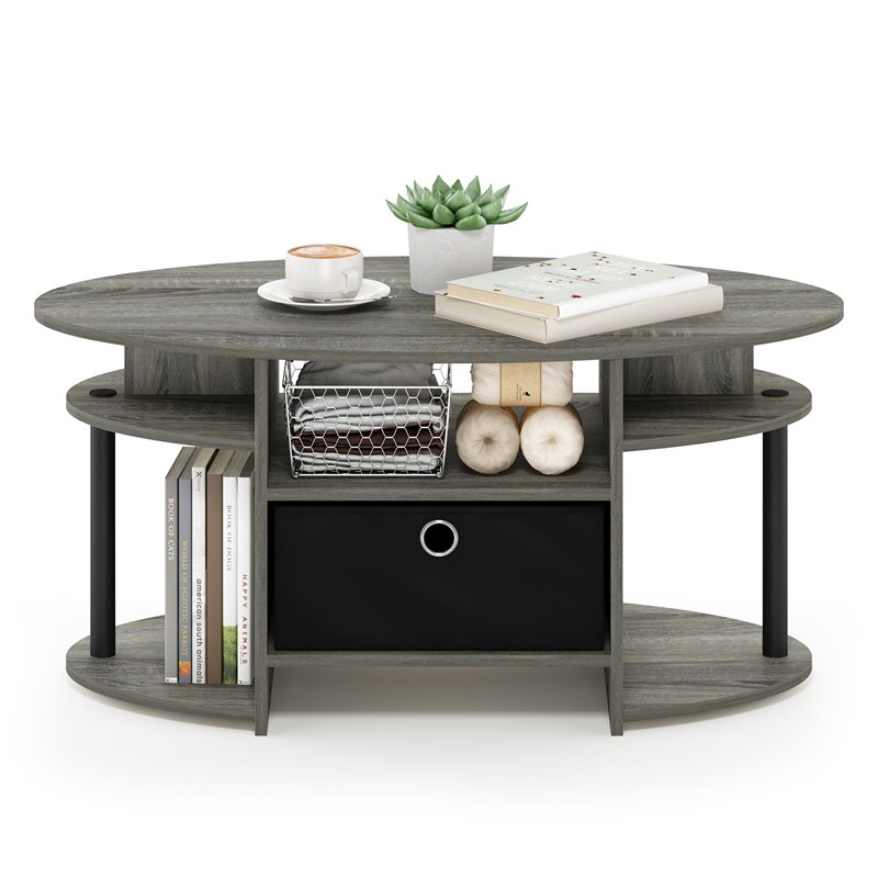 Pemberly Row Engineered Wood Oval Coffee Table with Bin in French Oak Gray/Black