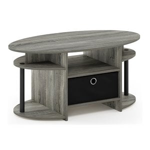 Pemberly Row Engineered Wood Oval Coffee Table with Bin in French Oak Gray/Black