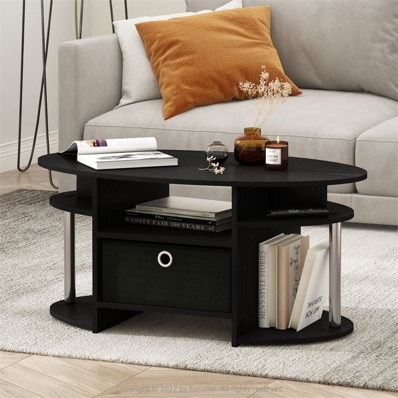 Pemberly Row Oval Coffee Table with Bin in Stainless Steel Tubes