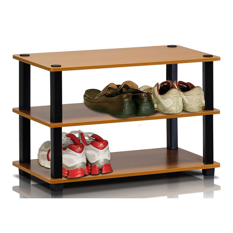 Pemberly Row Turn-S-Tube Engineered Wood 3-Tier Shoe Rack in Light Cherry/Black