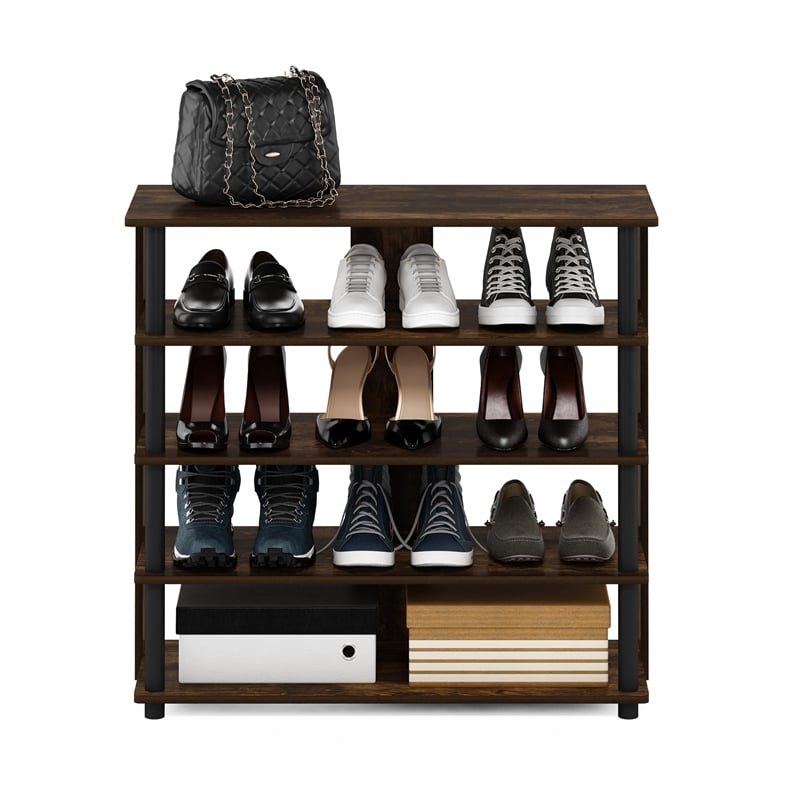 Pemberly Row Turn-N-Tube 5-Tier Wide Shoe Rack in Amber Pine/Black