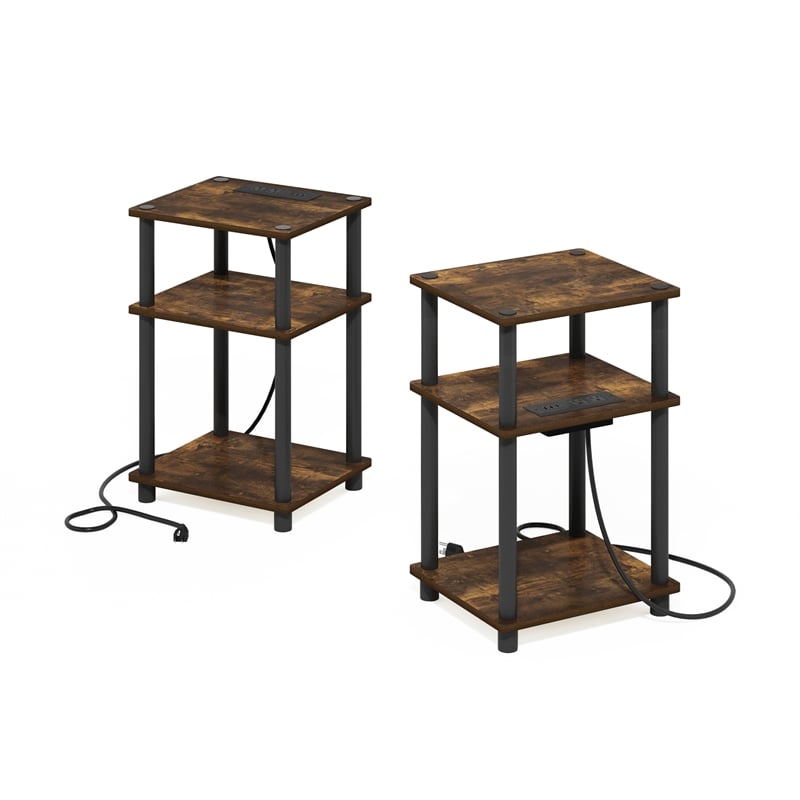 Pemberly Row 3-Tier USB Type-C Charging Port End Table in Amber Pine Set of 2