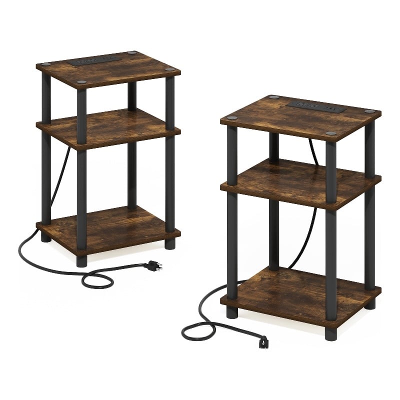 Pemberly Row 3-Tier USB Type-C Charging Port End Table in Amber Pine Set of 2